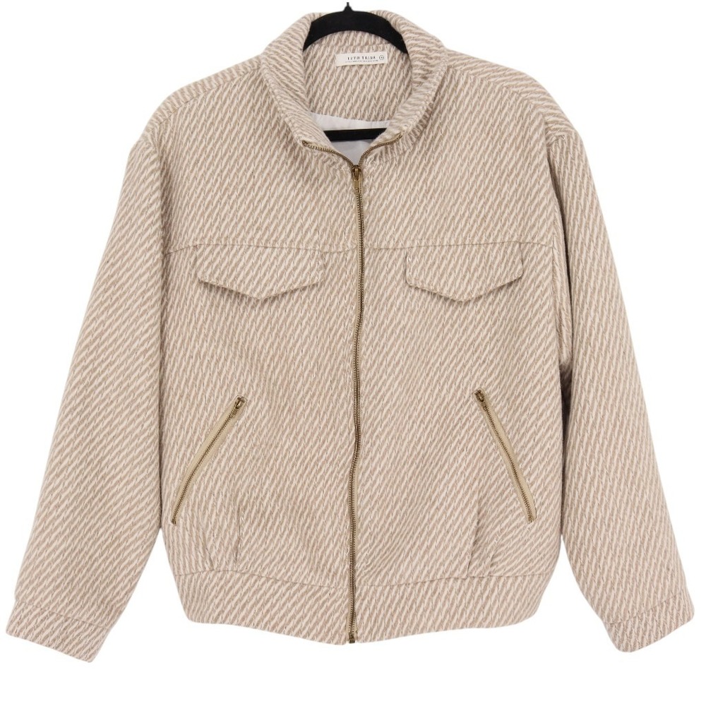 12th Tribe Beige Chevron Wool Blend Bomber Jacket Size S Mock Neck Full Zip